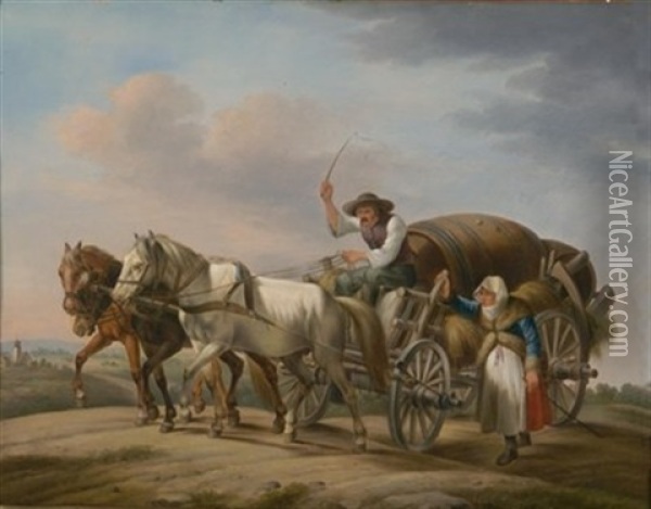 Dreispanniges Pferdefuhrwerk Auf Der Landstrase Oil Painting - Johann Adam Klein