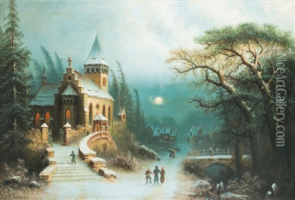 Landschaft Mit Kirche Im Mondschein Oil Painting - Albert Bredow