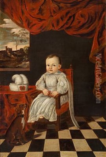 A Little Prince Or Princess In A White Dress And A Dog Oil Painting - Enrico (Giovanni E.) Waymer
