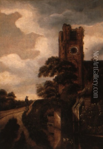 Wooded Landscape With A Church And Peasants By A Bridge Oil Painting - Michel van Vries
