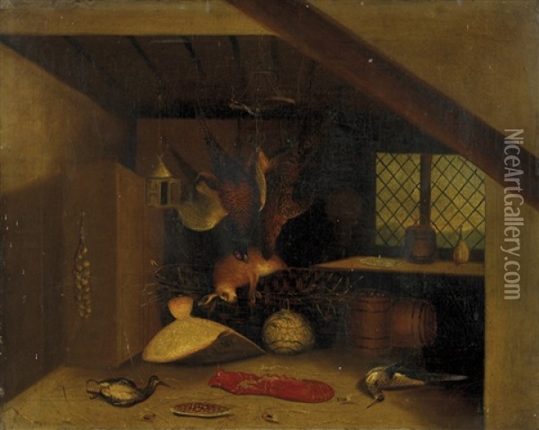 Interior Still Life With Pheasants, Snipe, Hare, Flounder And Crayfish Oil Painting - William Buelow Gould