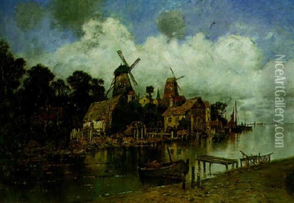 The Estuary By The Windmills Oil Painting - Karl Heffner