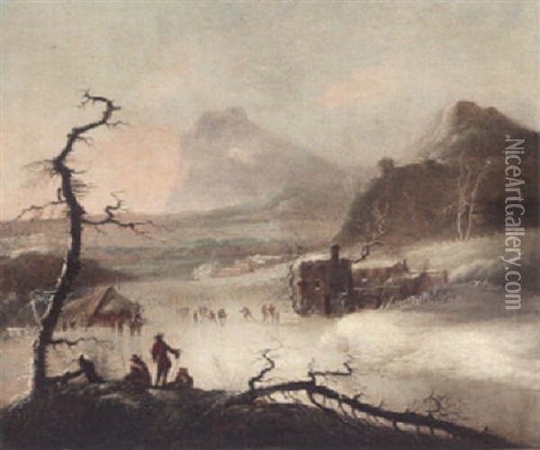 A Winter Landscape With Skaters On A Frozen Lake Oil Painting - Francesco Foschi