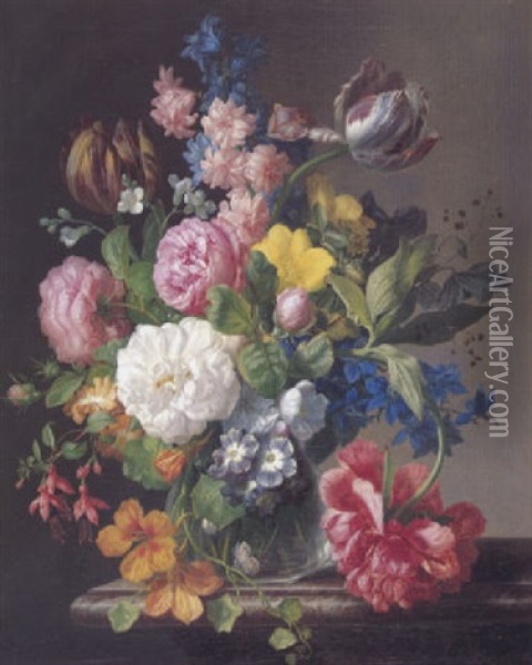 Blumenstrauss In Einer Glasvase Auf Einer Steinbrustung Oil Painting - Josef Lauer