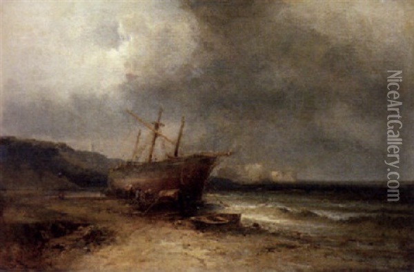 A Beached Ship Oil Painting - Franz Emil Krause