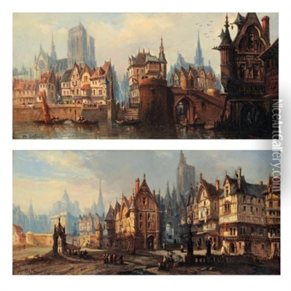 Maisons A Colombages Dans Le Vieux Rouen (pair) Oil Painting - Alexandre Defaux