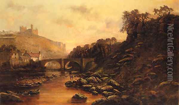 A Fisherman On The River Coquet With Warkworth Castle Beyond Oil Painting - John Syer
