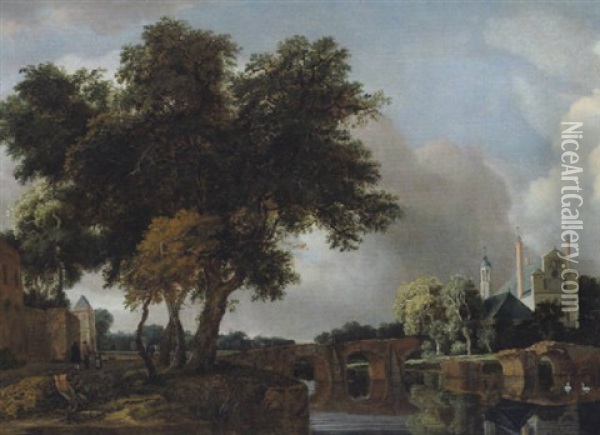 Fluslandschaft Mit Einer Steineren Bogenbrucke Und Einer Kirche Oil Painting - Meindert Hobbema