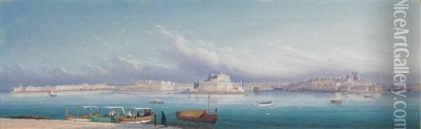 Calm Waters In The Grand Harbour, Valetta Oil Painting - Girolamo Gianni