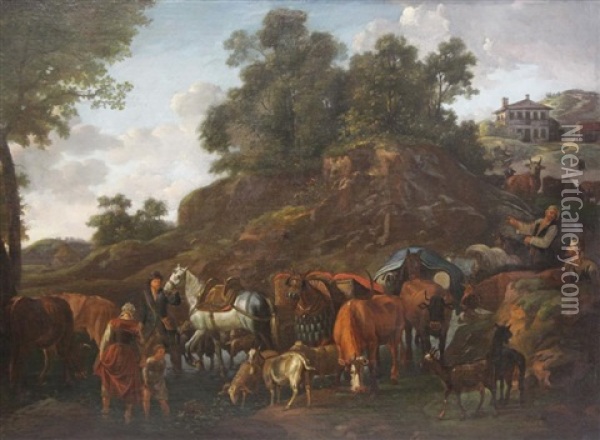 Drovers With Horses, Cattle And Goats In A Landscape Oil Painting - Nicolaes Petersz Berchem