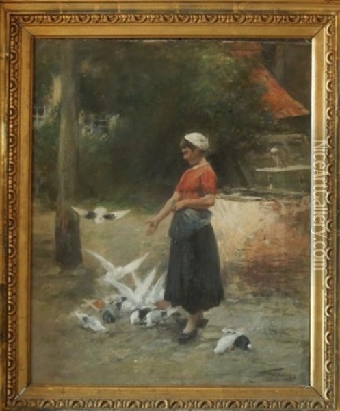 Jeune Fille Nourrissant Des Pigeons Oil Painting - Eugene Joors