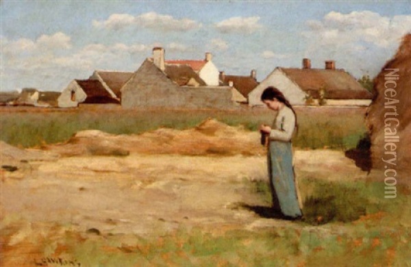 Pige Med Strikketoj, I Baggrunden Huse Oil Painting - Louis Welden Hawkins