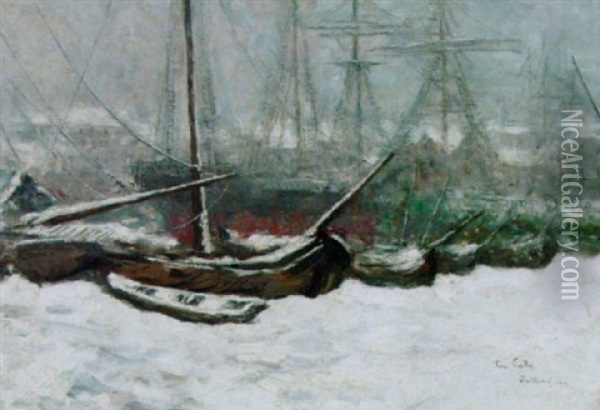 Ships In The Snow, Rotterdam Oil Painting - Siebe Johannes ten Cate