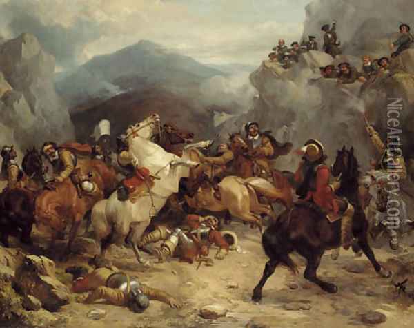 A detachment of Cromwell's cavalry surprised in a mountain pass Oil Painting - Thomas Woodward