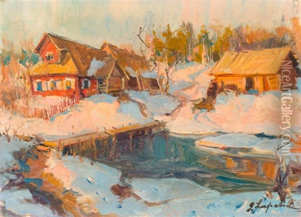 Winterlandschaft Mit Bach Oil Painting - Georgi Alexandrovich Lapchine