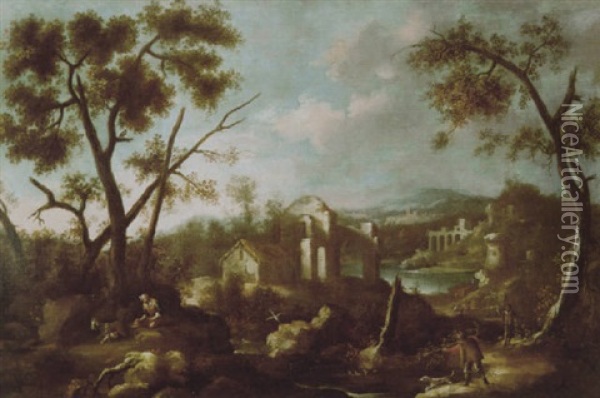 Paesaggio Lacustre Con Cacciatori E Case Diroccate Sullo Sfondo Oil Painting - Vittorio Amadeo Cignaroli