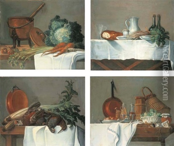 Un Chaudron, Un Chou, Des Carottes Et Du Cerfeuil Sur Une Table (+ 3 Others; Set Of 4) Oil Painting - Nicolas Henry Jeaurat De Bertry