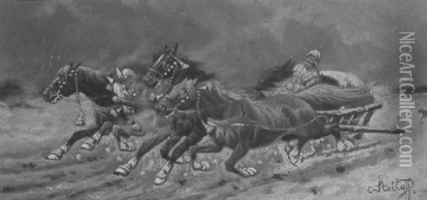 Ein Kutscher Im Vierspannigen Schlitten Umgeben Von Winterlicher Landschaft Oil Painting - Adolf (Constantin) Baumgartner-Stoiloff