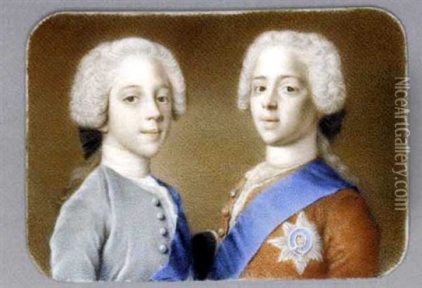 A Double Portrait Of Prince Charles Edward Stuart And Prince Henry Benedict Stuart  In Red Coat, Wearing The Blue Sash And Breast Star Of The Order Of The Garter ... Oil Painting - Jean Etienne Liotard