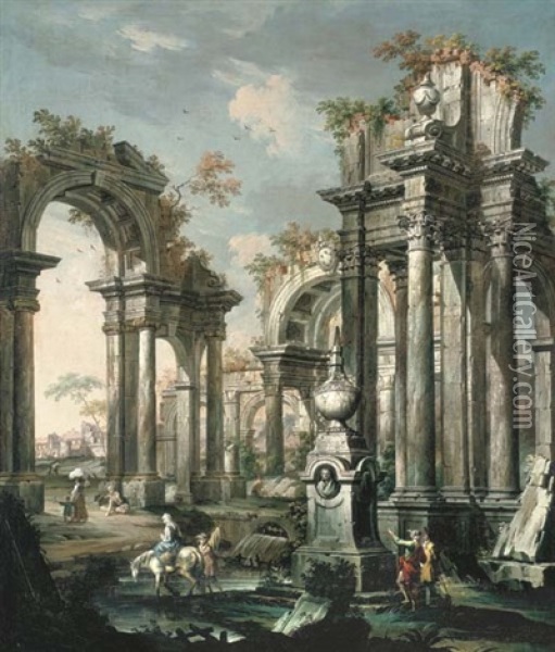 An Architectural Capriccio With Classical Ruins Bearing The Medici Coat-of-arms, Two Travelers Admiring A Tomb, Peasants By A Stream And A Village Beyond Oil Painting - Gaetano Ottani