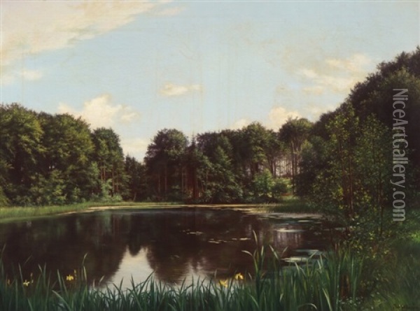 Ved En Skovso Oil Painting - Adolph Larsen