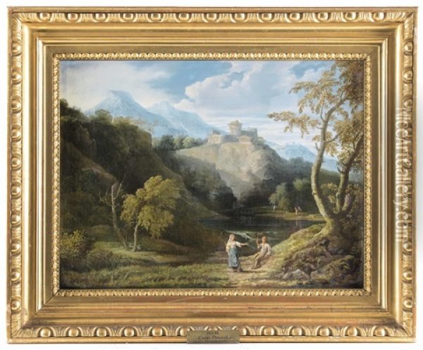 Burgen In Den Colli Albani? Mit Gewasser Und Figurenstaffage Oil Painting - Gaspard Dughet