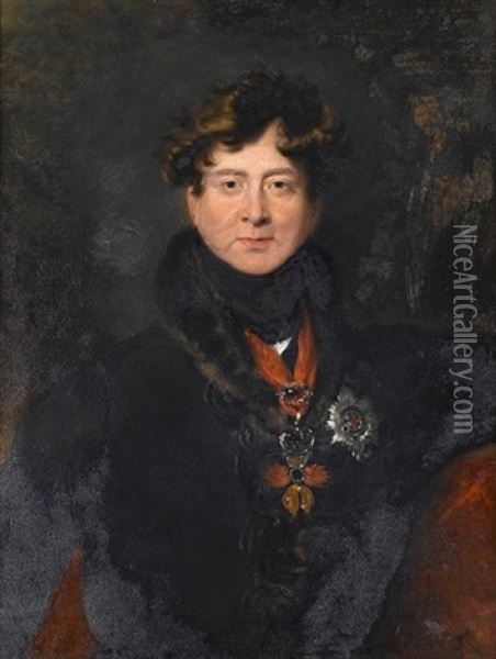 A Portrait Of King George Iv, Bust-length, In A Fur-trimmed Coat And Wearing The Badge Of The Order Of The Garter And The Spanish Order Of The Golden Fleece Oil Painting - Thomas Lawrence