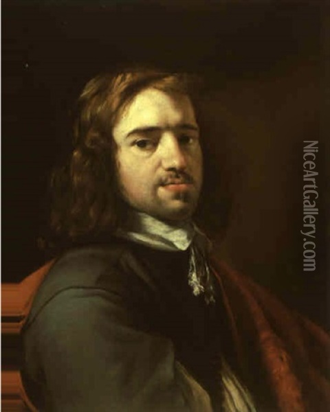Portrait Of A Gentleman In A Grey-blue Jacket And Red Cloak Oil Painting - Jacques Blanchard