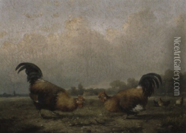 Cockerels In A Meadow Oil Painting - Cornelis van Leemputten