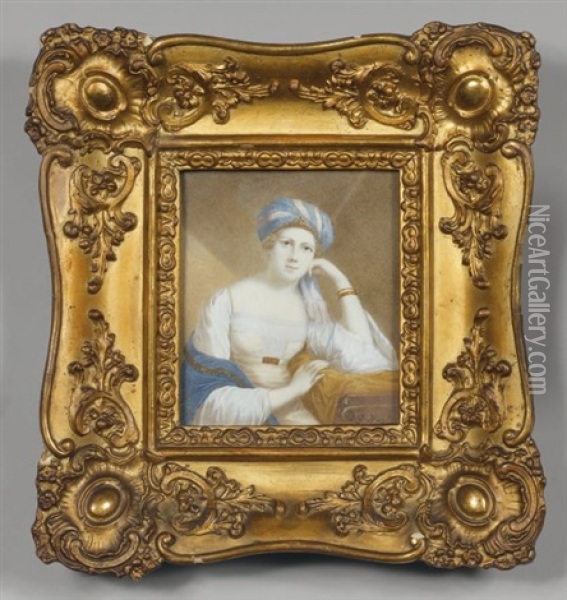 Jeune Femme Au Turban En Robe Blanche Et Bleue Oil Painting - George Hayter