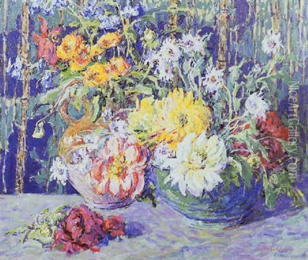 Floral Still Life In Vibrant Hues Oil Painting - Kathryn E. Bard Cherry