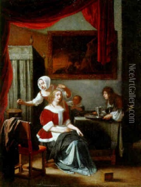 A Maid Dressing A Lady Oil Painting - Job Adriaensz Berckheyde