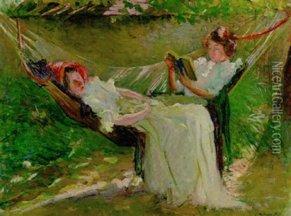 Young Girls In A Hammock On A Summer's Day Oil Painting - Joseph Milner Kite