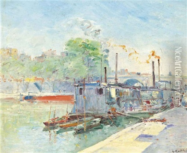 Barges On The Seine, Paris Oil Painting - Gustave Madelain