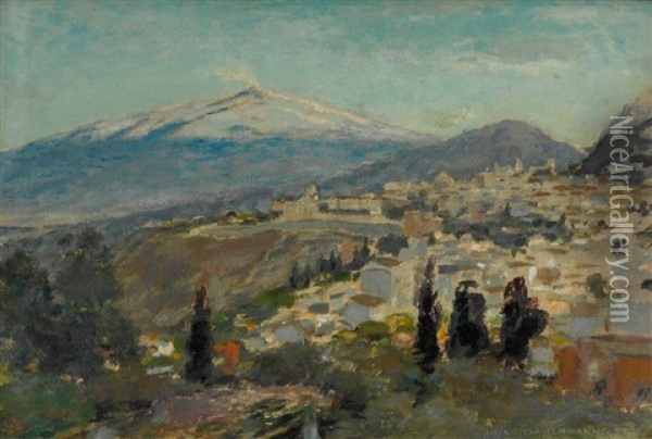 Blick Von Taormina Auf Den Atna Oil Painting - Heinrich Hermanns