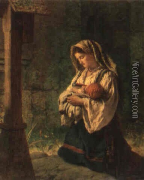 Mother And Child Before A Shrine Oil Painting - Francis John Wyburd