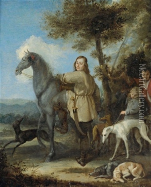 Ein Reiter Mit Begleitern Und Hunden In Einer Landschaft Oil Painting - Vincent Malo the Elder