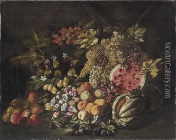 Anguria, Zucca, Uve, Mele, Fichi E Altri Frutti Oil Painting - Giovanni Battista Ruoppolo