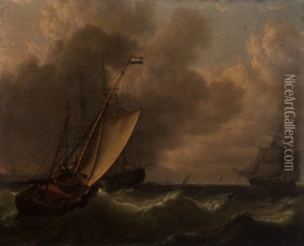 A Dutch Hoy Running Out To Meet A Man-o-war Arriving Off A Port Oil Painting - Charles Martin Powell