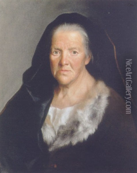 A Study Of An Old Woman Wearing A Fur-lined Coat With White Chemise And Black Veil Oil Painting - Christian Seybold