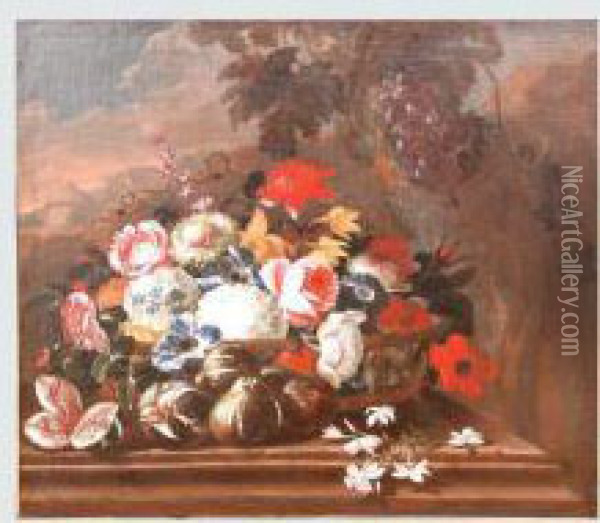 Cesto Con Rose,ortensie, 
Narcisi, Papaveri E Altri Fiori Con Fichi E Uva Su Untavolo In Plein Air Oil Painting - Margherita Caffi