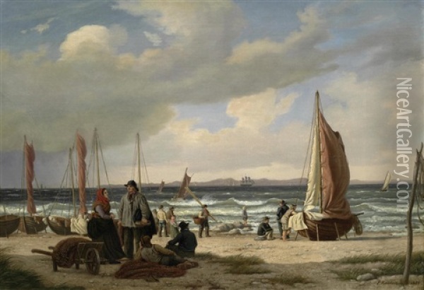 Fisherfolk On A Beach Oil Painting - Peter (Johann P.) Raadsig