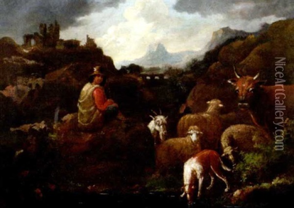 Junger Hirte Mit Schafen, Ziege Und Kuh In Campagnalandschaft Oil Painting - Cajetan Roos