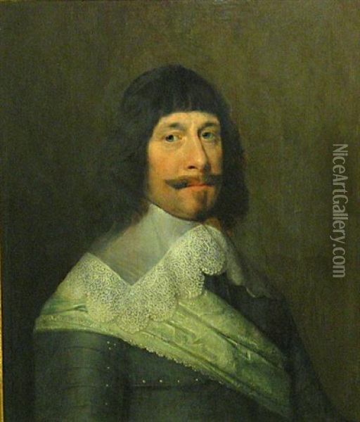 A Portrait Of A Gentleman, Quarter-length, Wearing Armor Oil Painting - Jan Jansz Westerbaen Sr.
