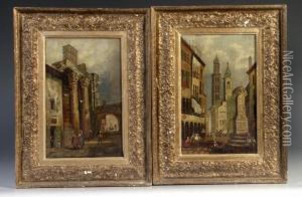 Two Early 19c Italian Streets Oil Painting - Samuel Prout