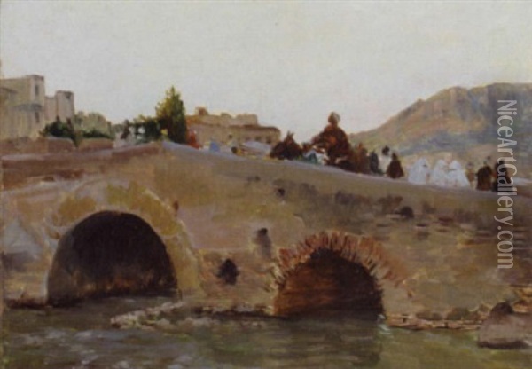 Caravane Traversant Le Vieux Pont Oil Painting - Joseph Felix Bouchor