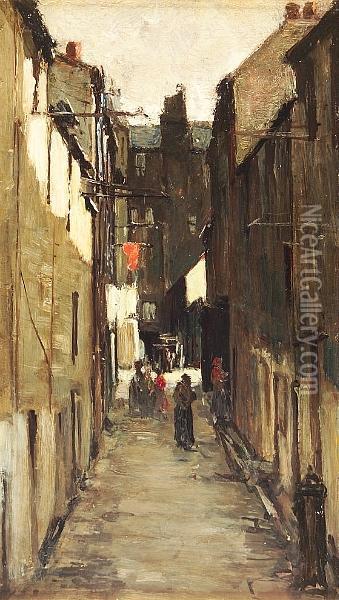 An Old Court, Edinburgh Oil Painting - Robert Noble