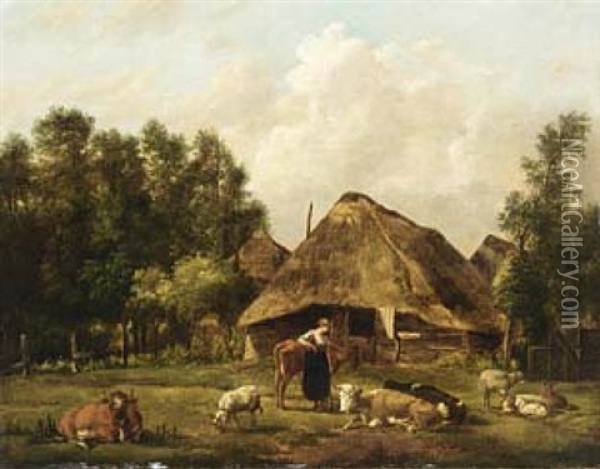 A Peasantwoman With Her Cattle In Front Of A Farm Oil Painting - Gerardus van Os