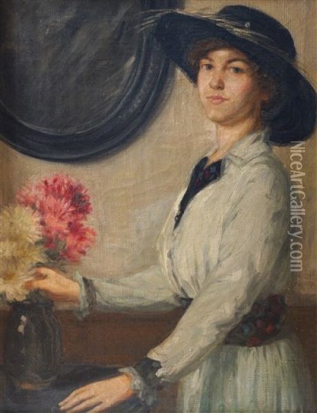 Portrait Of A Young Girl In An Interior Arranging Flowers Oil Painting - Sir William Orpen