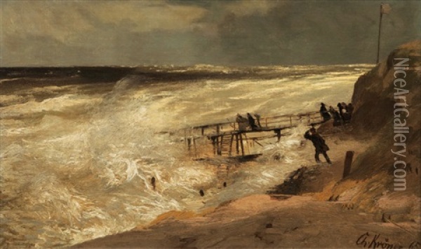 The Beach Of Westerland On Sylt In Stormy Weather Oil Painting - Christian (Johann Christian) Kroener
